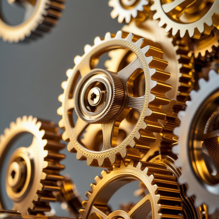 Golden gears and cogs on a gray background. 3d renderingの素材
