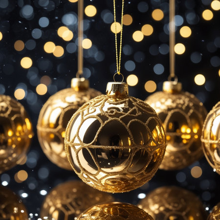 Christmas background with golden baubles on bokeh lights backgroundの素材