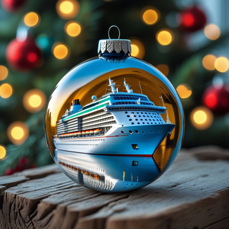 Christmas bauble with cruise ship in front of a christmas treeの素材