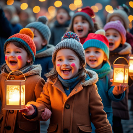 Group of children with lanterns at Christmas market in Vilnius, Lithuaniaの素材
