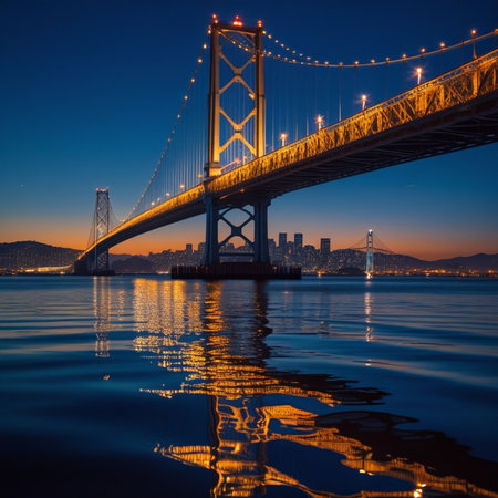 San Francisco Bay Bridge at dusk, California, United States of Americaの素材