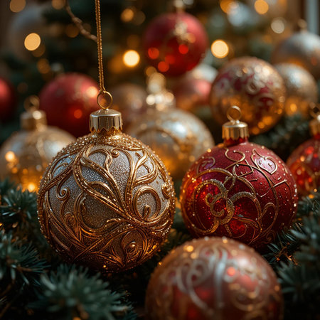 Christmas or New Year background with red and golden baubles.の素材