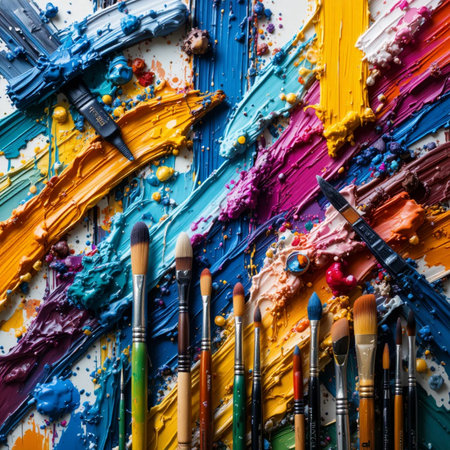 Paint brushes and palette of colors on a white background closeupの素材