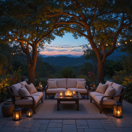 Outdoor terrace with armchairs and table in the evening.の素材