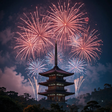 Pagoda and fireworks in the night sky with copy space.の素材