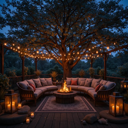 Luxury terrace with a large tree in the evening.の素材