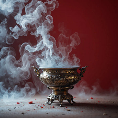 Antique copper incense burner on a red background with smoke.の素材