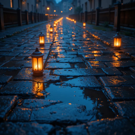 Lanterns on a cobblestone street at night.の素材