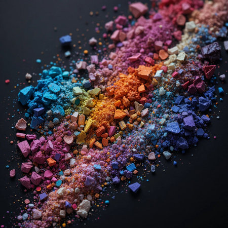 Colorful crushed eyeshadow on black background. Selective focus.の素材