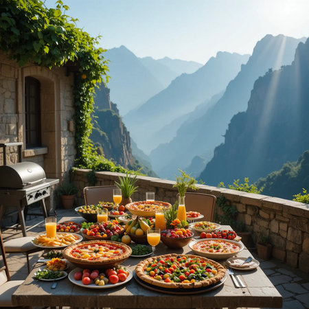 Pizza served on terrace of villa with view on mountainsの素材