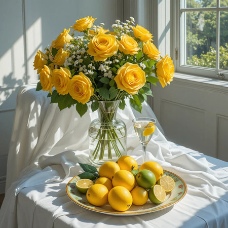 A bouquet of yellow roses and lemons on a white tableの素材