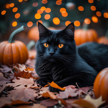 Black cat with orange eyes lying on autumn leaves in front of a pumpkinの素材