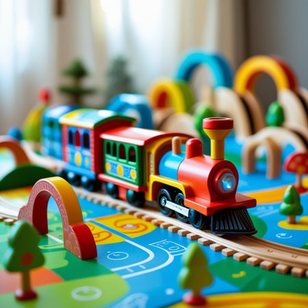 Children's toy train on the background of children's playroom.の素材
