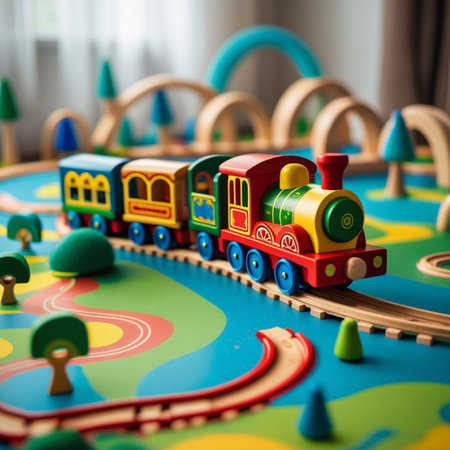 Wooden toy train on the background of children's playroom.の素材