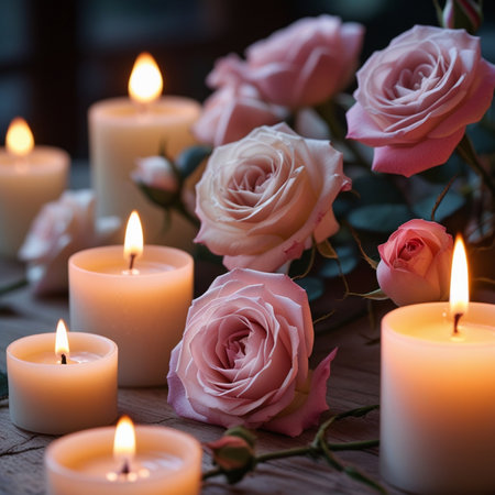 Burning candles with pink roses on wooden background. Selective focus.の素材