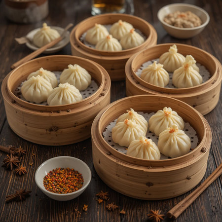steamed dumplings in bamboo steamer on brown wooden backgroundの素材