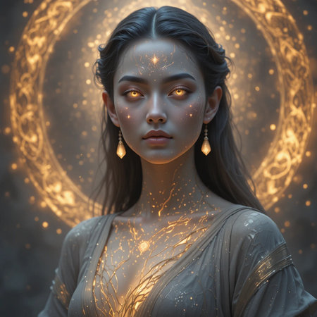 3d illustration of a beautiful girl with golden light on her faceの素材