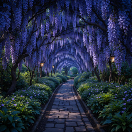 Wisteria tunnel in the park at night, Tokyo, Japanの素材