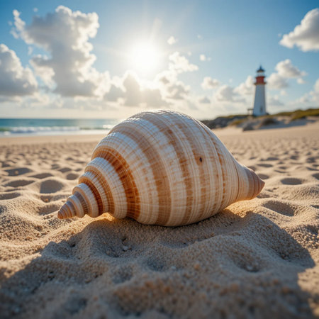Seashell on the beach with a lighthouse in the background.の素材