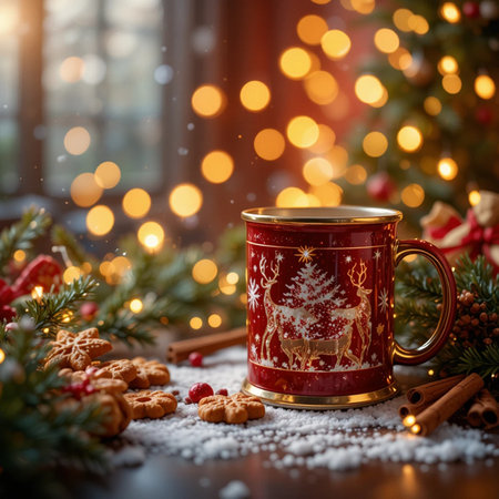 Mug of hot chocolate with christmas cookies on wooden table in front of bokeh lightsの素材