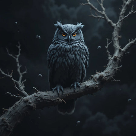 Owl sitting on a branch in the forest, 3d illustrationの素材