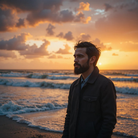 Handsome bearded man in a black coat on the beach at sunset.の素材