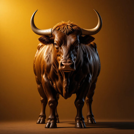 Portrait of a brown bull on a brown background. Studio shot.の素材