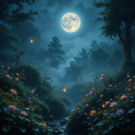Fantasy landscape in the forest at night with full moon and flowersの素材