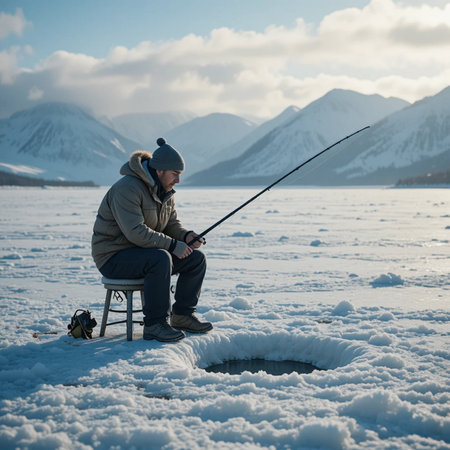 Fisherman sitting on a chair and fishing on frozen lake in winterの素材