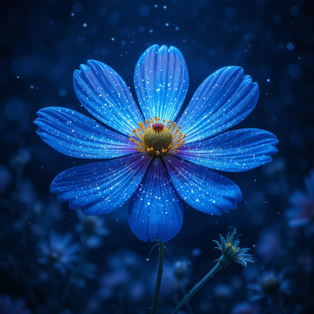Cosmos flower on a dark blue background with drops of dewの素材