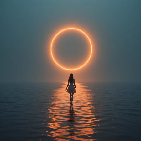 Woman in the sea with the sun in the background. 3d renderの素材