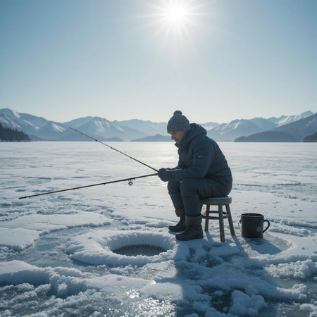 Fisherman fishing on lake frozen Baikal in winter, Russiaの素材