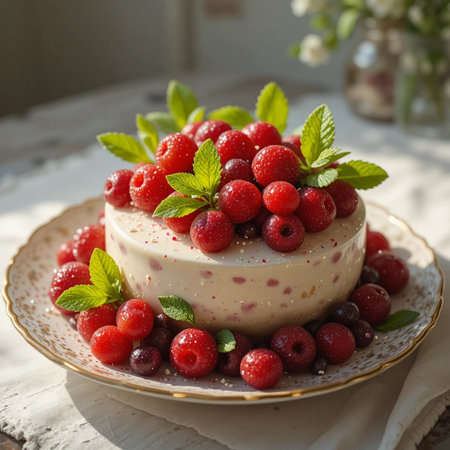 Cake with fresh raspberries and cherries, selective focusの素材