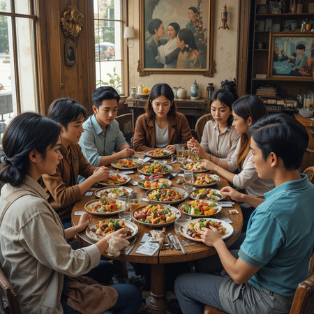 Group of Asian friends sitting at table and eating healthy food.の素材