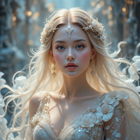 fashion outdoor photo of gorgeous bride with blond hair in luxurious wedding dress posing in fairy forestの素材