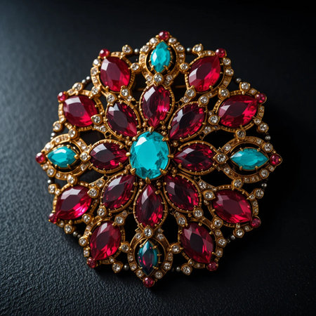 jewelry brooch with precious stones on a black background.の素材