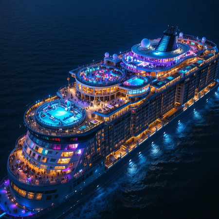 Aerial view of cruise ship in the sea at night. Top view.の素材