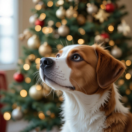 Portrait of a cute dog on the background of a Christmas tree.の素材