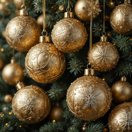 Close up of golden christmas baubles on christmas treeの素材