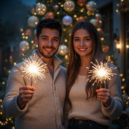Beautiful young couple holding sparklers and smiling while standing in front of Christmas treeの素材