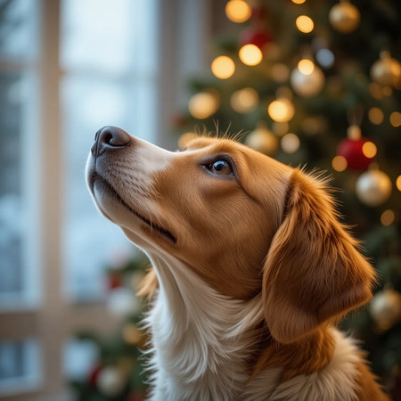 Portrait of a cute dog on the background of the Christmas treeの素材
