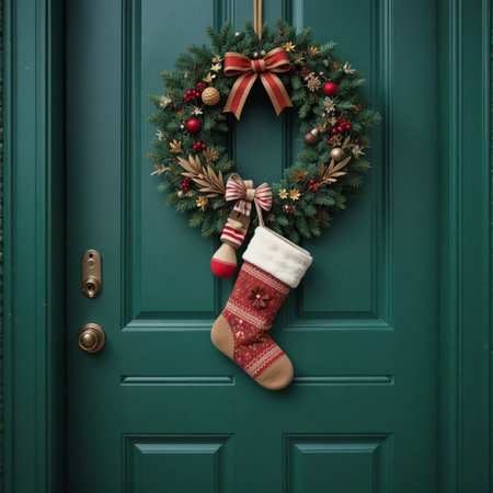 Christmas wreath on the door of a house with a Christmas stockingの素材