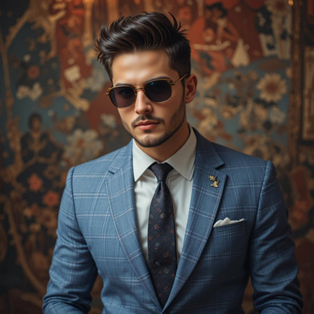 Portrait of a handsome young man in elegant suit and sunglasses. Men's beauty, fashion.の素材