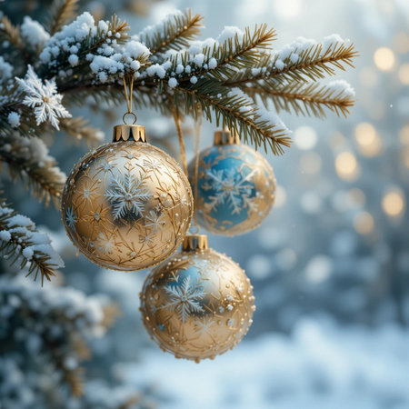 Christmas tree branch with golden balls and snowflakes on bokeh backgroundの素材