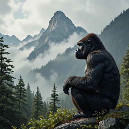 Gorilla sitting on a rock in front of the mountains.の素材