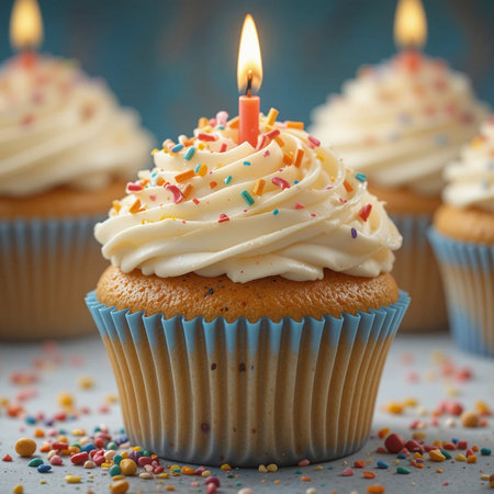 Birthday cupcakes with candle and colorful sprinkles on gray backgroundの素材