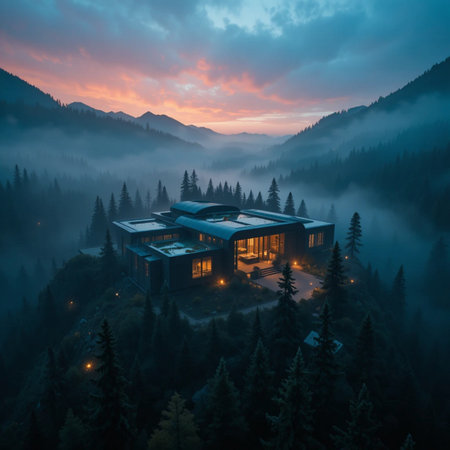 Luxury wooden house in the mountains at sunrise. Aerial view.の素材