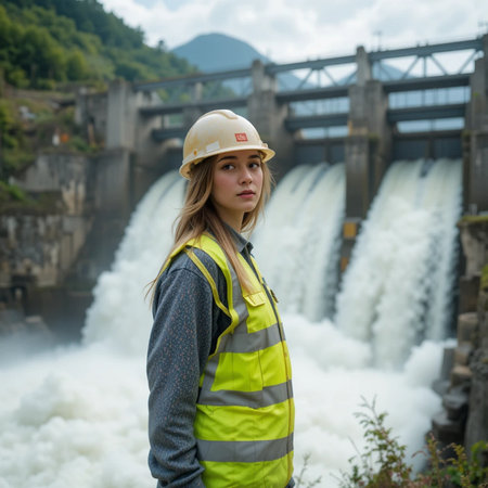 Female construction worker standing at hydroelectric power plant in front of waterfallsの素材