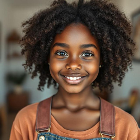 Close up portrait of a beautiful young African American woman smilingの素材