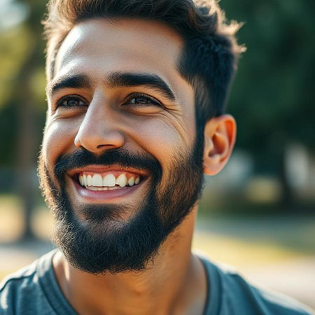 Close-up portrait of a handsome young bearded man smiling outdoors.の素材